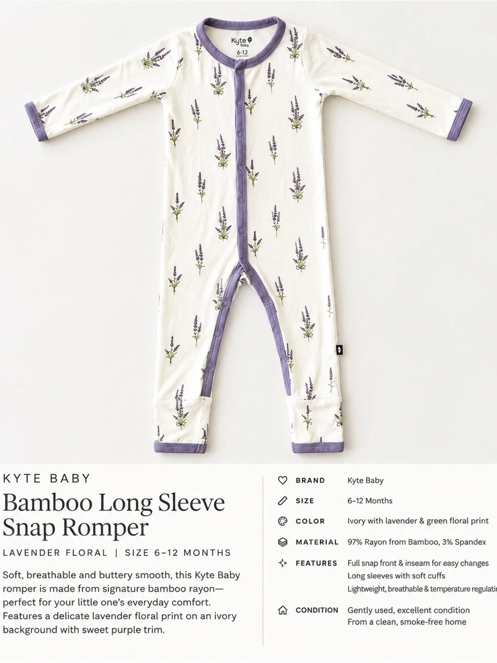 Kyte BABY Kyte Lavender Bamboo Zip Romper 6-12M